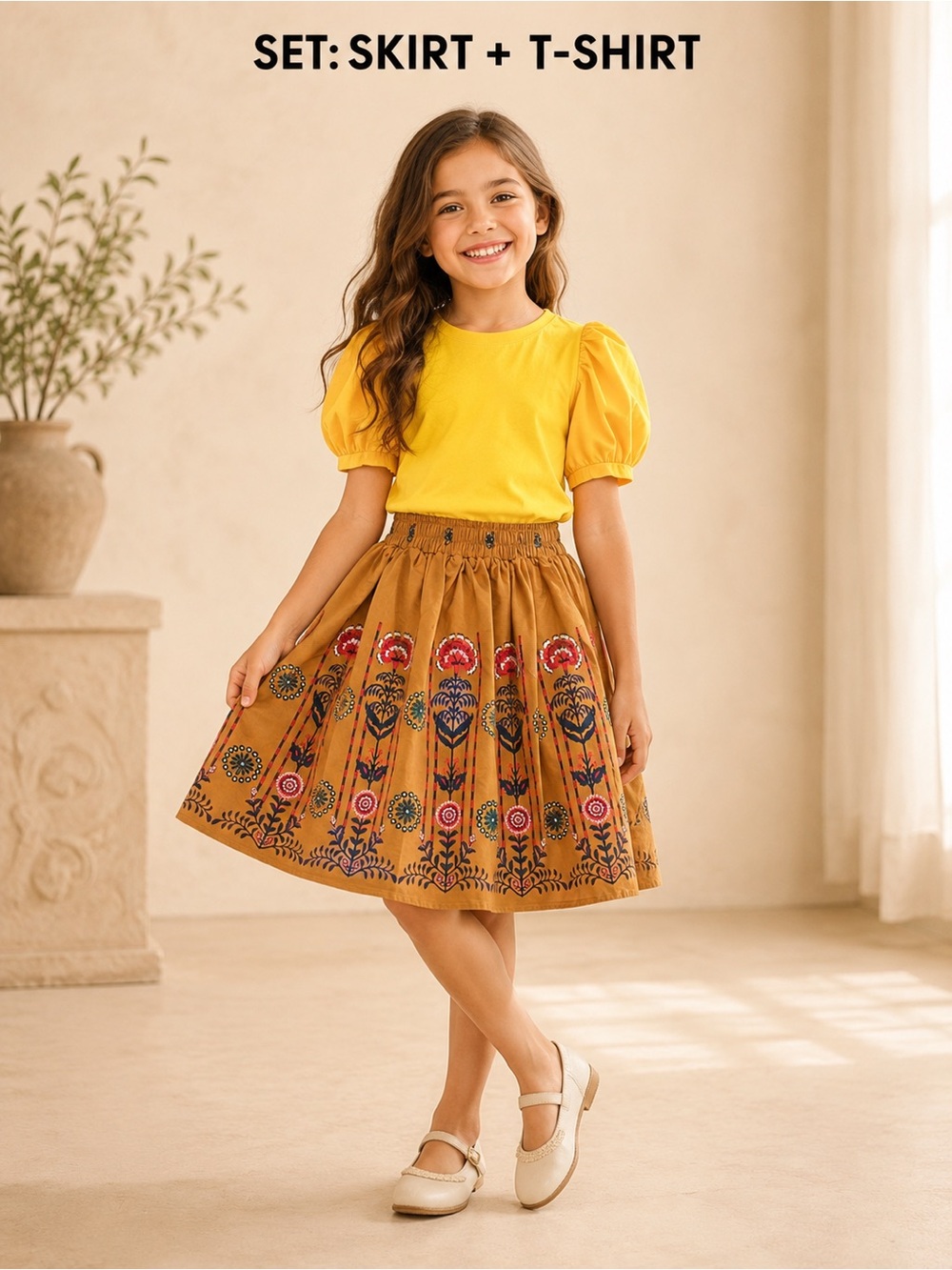A Loves A Girls Kids 2pc Set Puff Sleeve Top Floral Skirt Yellow Tan S NWT